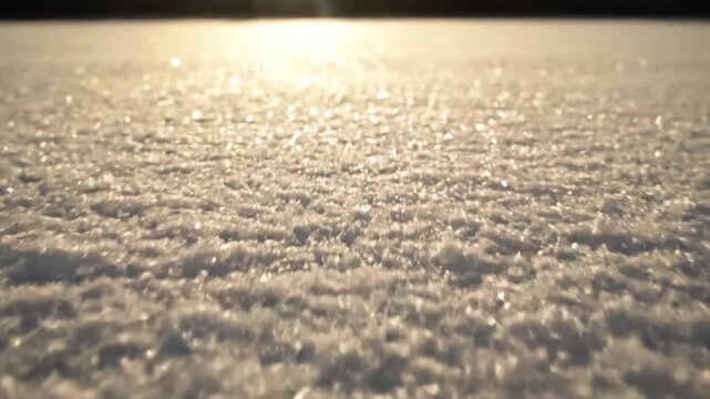 Subtle Snow Drift Sparkle A gentle, slow-motion shot of fine snow particles subtly drifting across a snowfield, catching light and sparkling as they move.