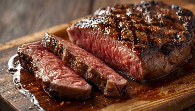 Delicious grilled steak sliced and served on a rustic wooden cutting board