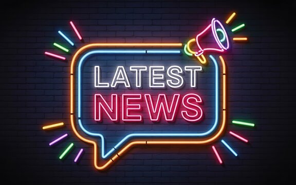 Neon sign with latest news text and megaphone on dark background