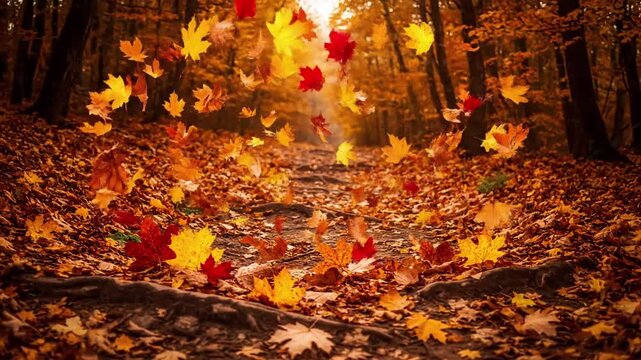 Gust of Fall Overhead perspective of a circular pattern of dry, crisp leaves on a rustic road or clearing, moved by an unseen breeze.