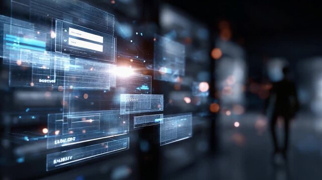 Abstract Digital Interface Showcasing Data Visualization and User Interaction in a High-Tech Environment with Blurred Figures in the Background