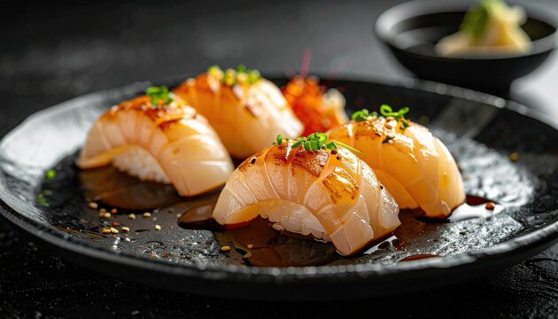 Delicious seared hotate scallop nigiri sushi drizzled with sauce and chives on a dark textured plate in a japanese restaurant setting.
