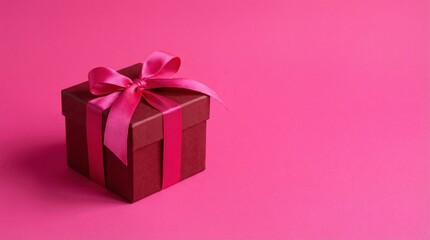 Fototapeta premium Beautifully wrapped gift box with elegant pink ribbon on vibrant pink background