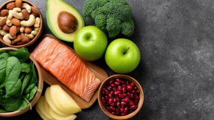 Healthy food arrangement with salmon, fruits, nuts, and vegetables on a dark background during daytime