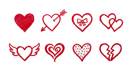 Romantic Valentine Heart Set featuring Arrow, Wings, Broken, Bow and Dots in Red Crayon Sketch Style