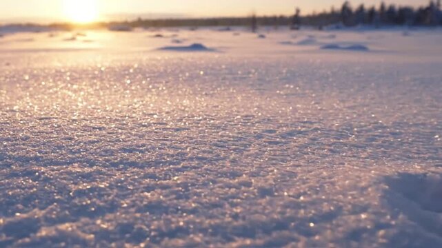 Wind-Kissed Sparkles A slow-motion capture of a gentle breeze rustling the surface of fresh snow, causing fine, sparkling snow particles to drift and catch the light.