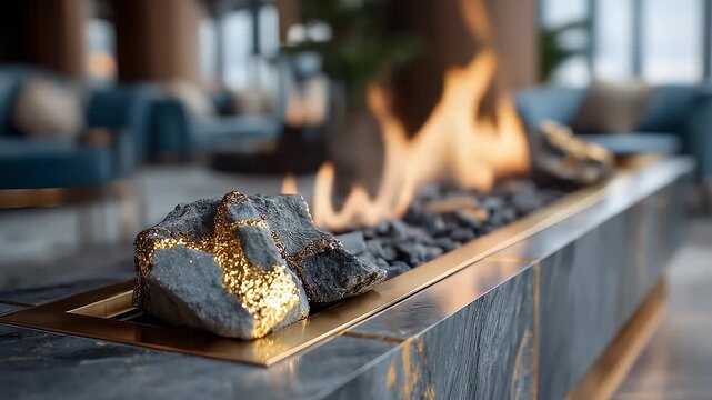 Modern luxury fireplace flickering flames and gold inlaid ores