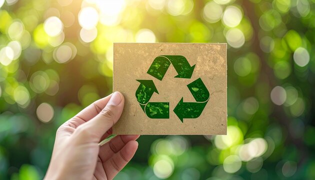 Human Hand Holding Recycled Paper Card with Green Symbol for Reduce Reuse Recycle and Environmental Sustainability Concept