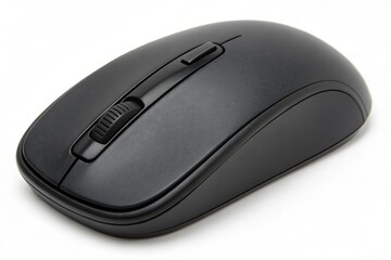 A black computer mouse with a silver button