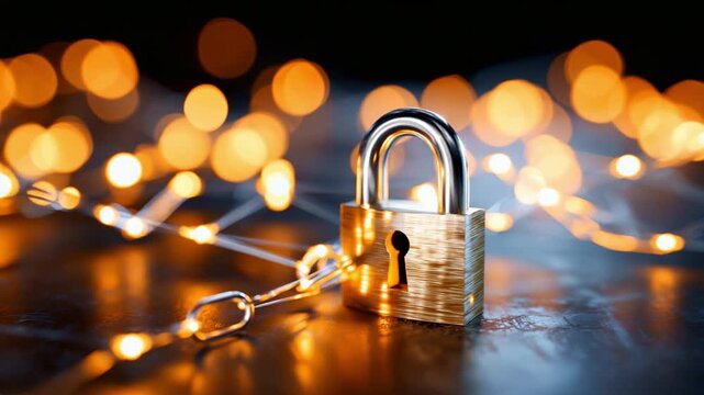 A close-up view of a shiny brass padlock against a blurred backdrop of twinkling lights, symbolizing security, protection, and the concept of locking away valuables.