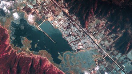Aerial view of agricultural fields and coastal landscape