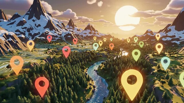 3D Illustration of Vibrant Landscape with Mountains, Forests, and River Featuring Location Markers Digital Map Concept Showcasing Stylized Topographical Design and Evoking Exploration and Adventure