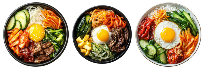 Korean bibimbap dish with fresh vegetables, fried egg, and gochujang sauce in black bowl isolated on white background