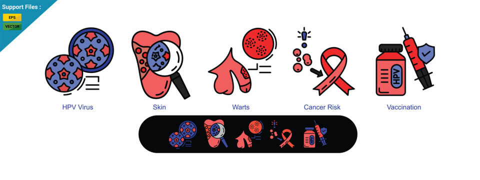 Human Papillomavirus (Hpv) Awareness icon.  Infection, Risks, Prevention, and Vaccination. icon outline color and flat vector