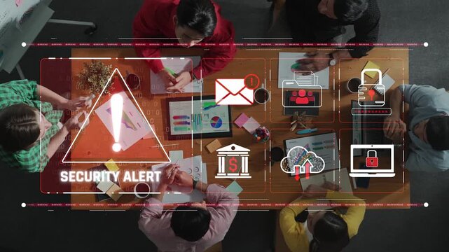 A dramatic security alert displayed in a modern office environment highlights teamwork and technology. Professionals engage in collaboration and strategy development. Raster