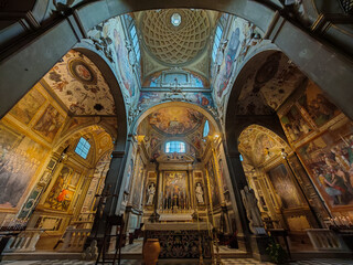 Highly detailed interior of the historic Abbazia di San Michele Arcangelo (St. Michael the Archangel Abbey) church in Badia a Passignano, a famous Tuscan landmark in rural Italy