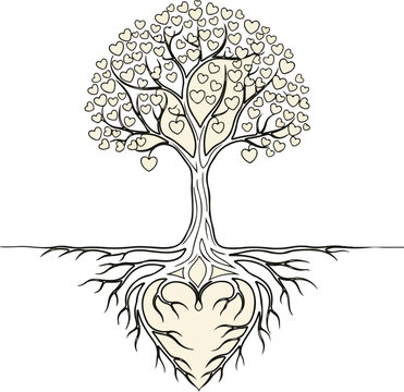 Tree of Love with Heart Leaves and Roots Symbolizing Growth and Connection