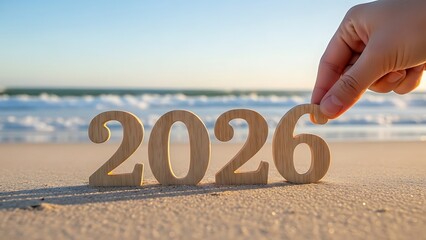Wooden numbers "2026" on beach, a hand placing the final number, ocean waves at sunset