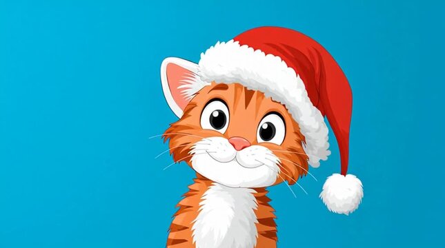 Cartoon cat with santa hat festive illustration on blue background