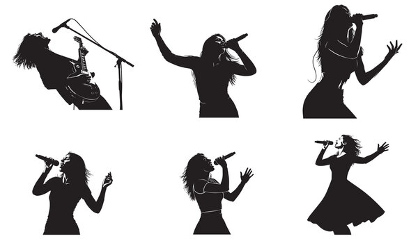 Singer and guitarist silhouettes performing on stage with microphones and guitar.