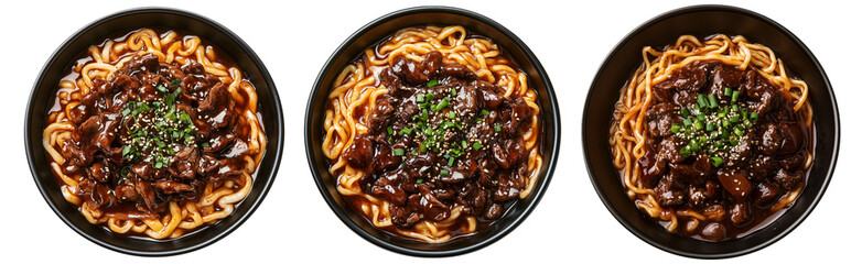 Bowl of Jajangmyeon noodles with beef in blackbean sauce, topped with scallions and sesame seeds, isolated on white background