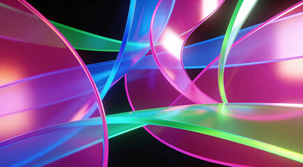 Abstract neon glass curves flowing in dark space 3D background