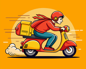Fast Delivery Person Riding Red Scooter with Backpack Vector