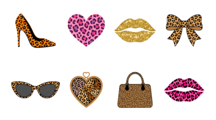 Fashion Leopard Print Set with High Heel Heart Gold Glitter Lips Bow Sunglasses Locket and Purse