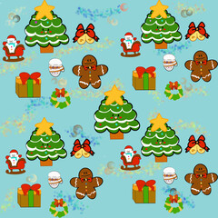 Fototapeta premium Cute Christmas seamless pattern with smiling trees, Santa, gingerbread cookies, gifts, bells, wreaths, and snowflakes on a light blue background in a playful cartoon style