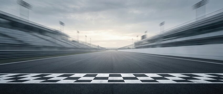 Empty asphalt race track with checkered finish line and blurred grandstands under a dramatic sky.