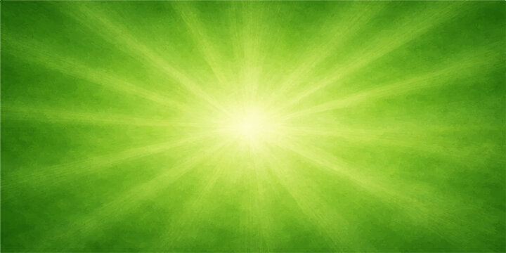 An abstract green background features a bright summer sun burst with nature-inspired light rays and glowing flares shining across a vibrant blue sky design