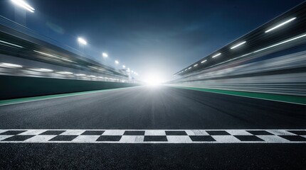 Fototapeta premium Empty asphalt race track with checkered finish line under bright stadium lights at night.