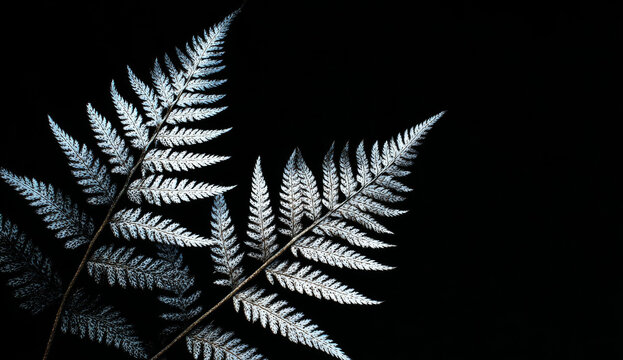 Silver fern leaves with detailed texture and vibrant green color on a black background, showcasing their intricate vein patterns and natural form
