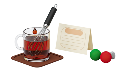 Glass mug with whisk, note card, and pushpins