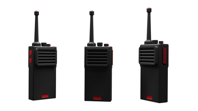 3D render of modern walkie-talkie radios with antenna, isolated on transparent background