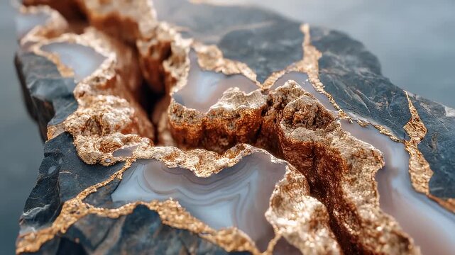 Macro texture of shiny gold leaf embedded in black ore cracks