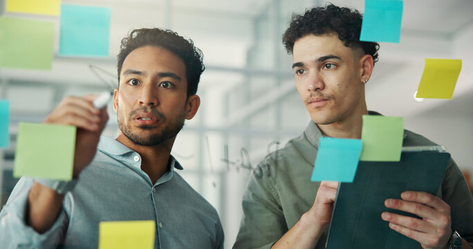 Sticky notes, planning and business men in meeting for brainstorming, seo review and project agenda. Creative agency, startup and people on digital tech for research, schedule and ideas in office