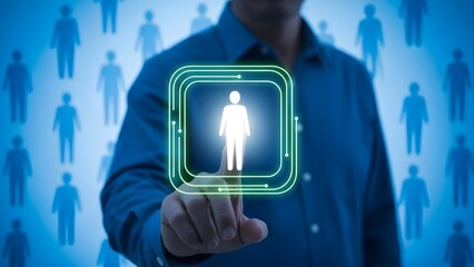 A man interacting with a futuristic digital interface