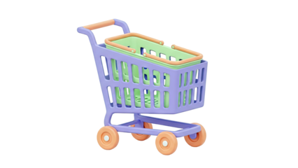 3D Rendered Shopping Cart and Basket in Pastel Colors