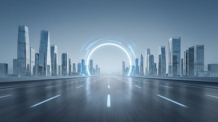 Futuristic urban landscape with modern skyscrapers and glowing neon arch over a wet road at dawn.