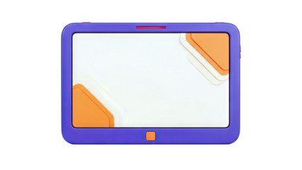 Purple tablet mockup with orange and cream geometric accents