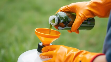 Pouring Fertilizer Through Funnel into Garden Tank GENERATIVE AI