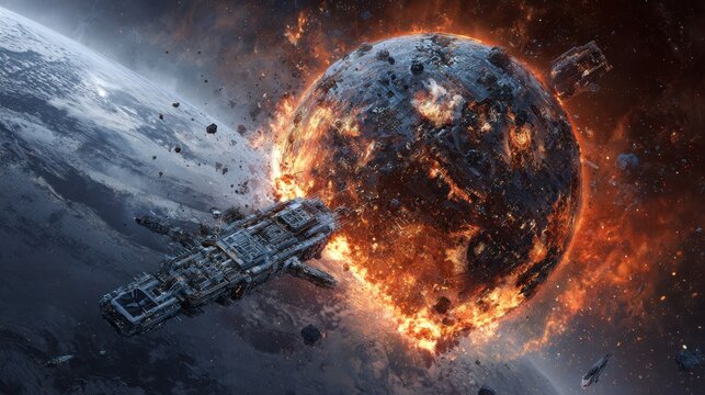 Planet exploding in space with starship nearby