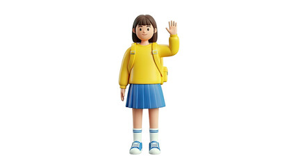 3D cartoon girl with backpack waving hello