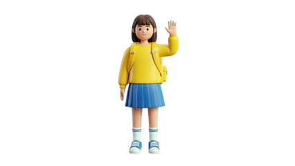 3D cartoon girl with backpack waving hello