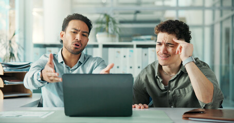 Men, team and stress with laptop at office, discussion or glitch with mistake at investment agency. People, trader and computer for collaboration, frustrated or shout with anger at financial company