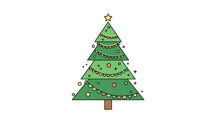 Obraz premium Cute cartoon illustration of a decorated Christmas tree with colorful ornaments, garlands, and a star on top for the holidays.