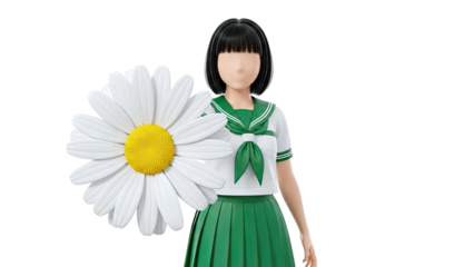 Anime Girl in Sailor Uniform Holding a Daisy