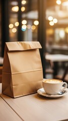 Coffee and Takeaway Bag on Table.