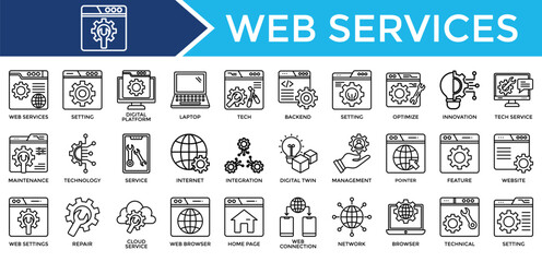 Web Services icon set collection. Containing www, link, operation, program, transfer, cog, gears .Line vector icons collection